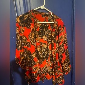 NYDJ Red Black Tan Peony Floral Print Pleat Back Blouse Top XL